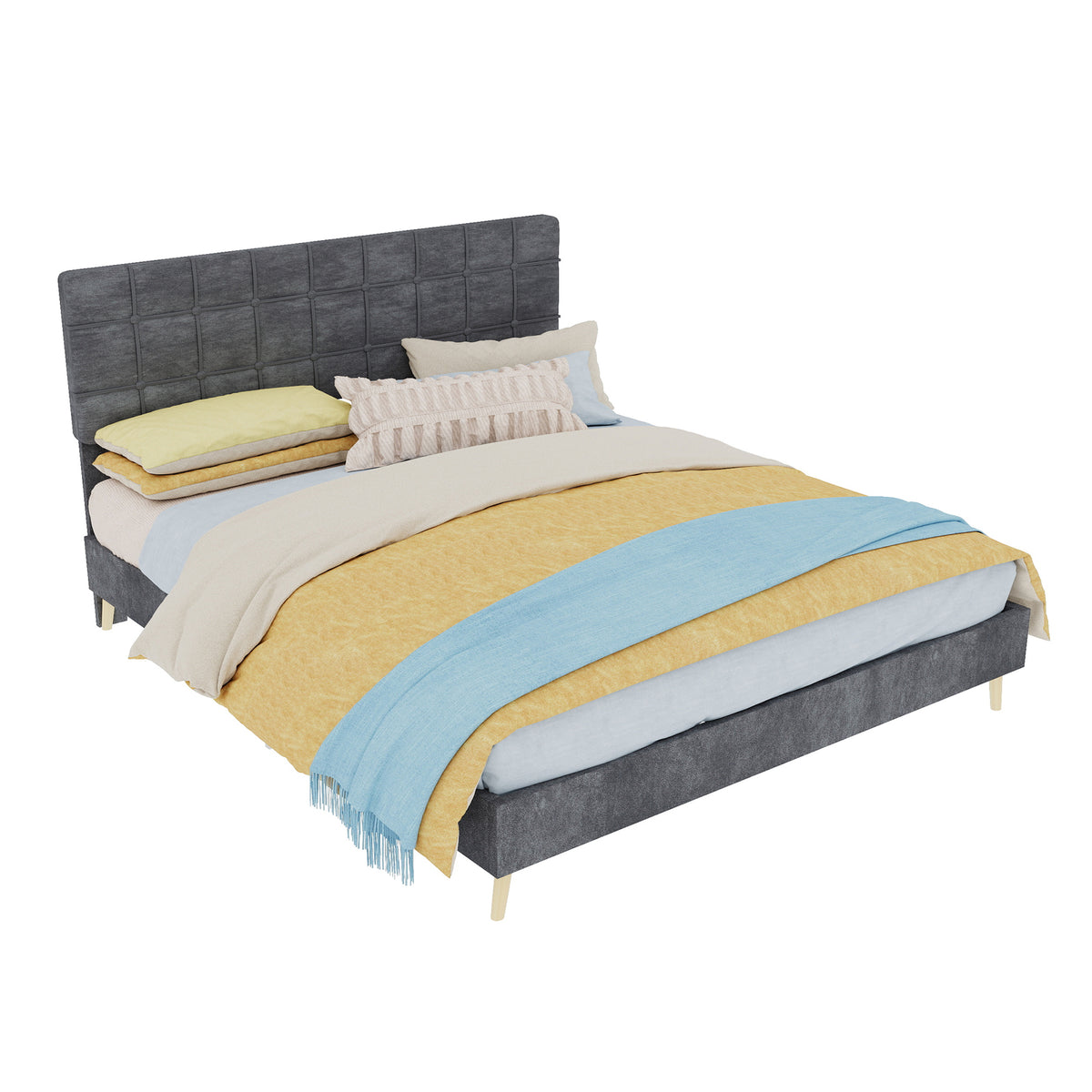 Modern Double Bed with Plaid Headboard 160x200cm, Dark Gray Fabric