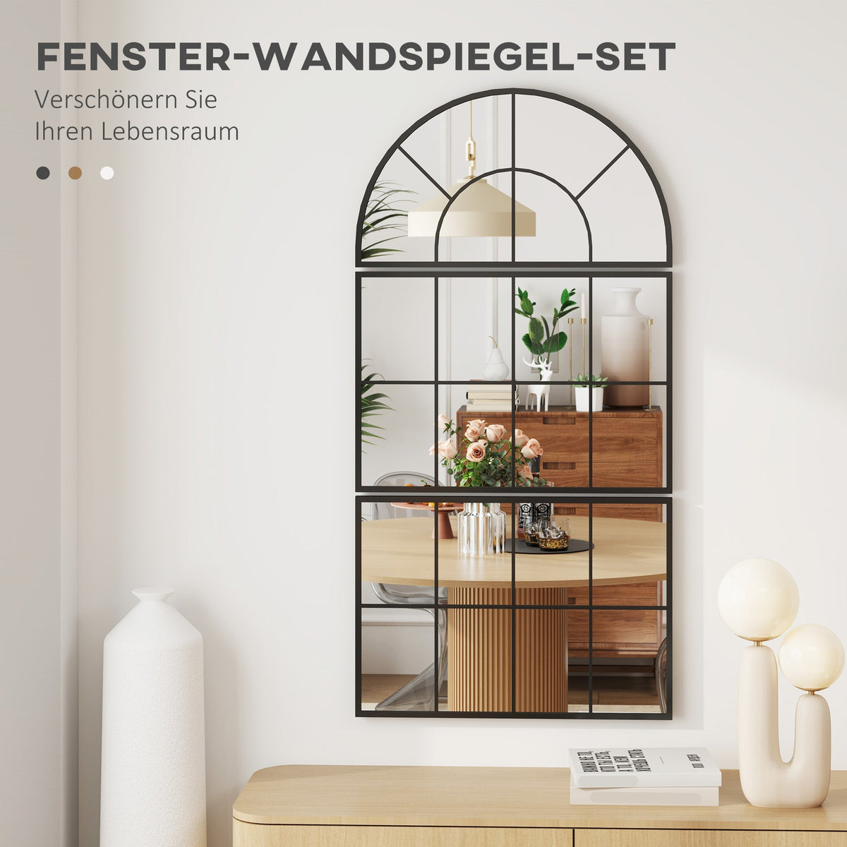 Three-Piece Arched Wall Mirror, Decorative Window Hanging, Black Metal Frame