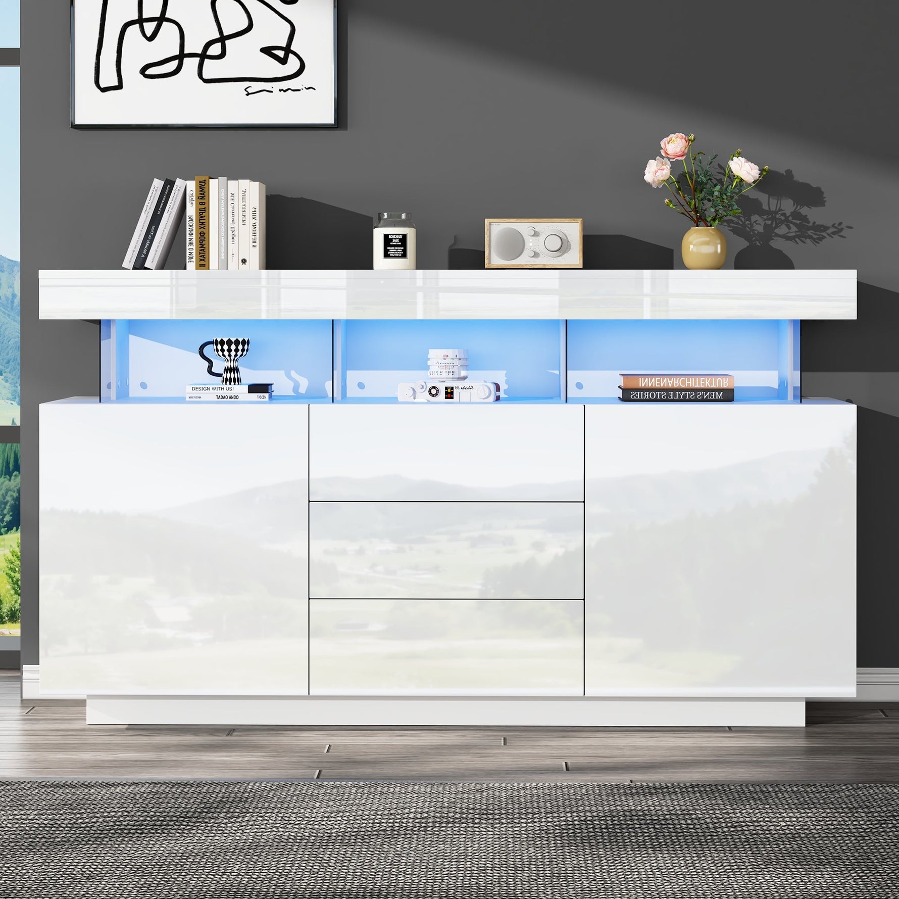 Modern Sideboard High-Gloss Coffee Bar LED Light Strip 140x35x80cm White Acrylic