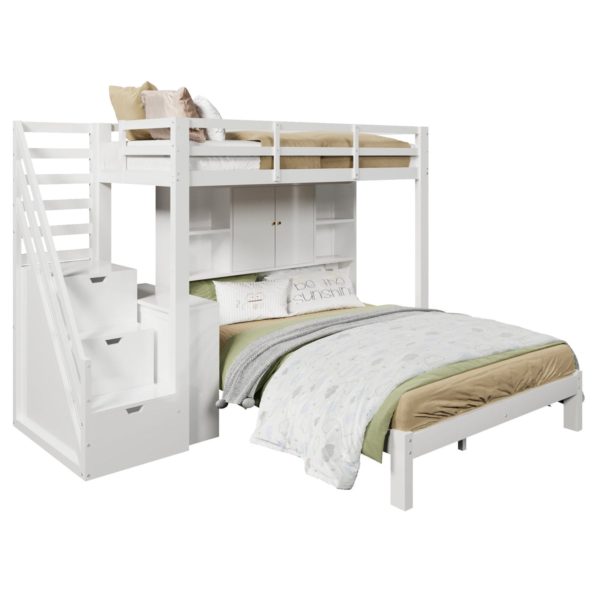 Children's Bunk Bed with Storage Stairs and Movable Side Table, 90x200cm and 140x200cm, White