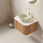 61cm Wall-Mounted Bathroom Vanity Unit with Ceramic Basin and Carrara White Top, Natural Wood Grain
