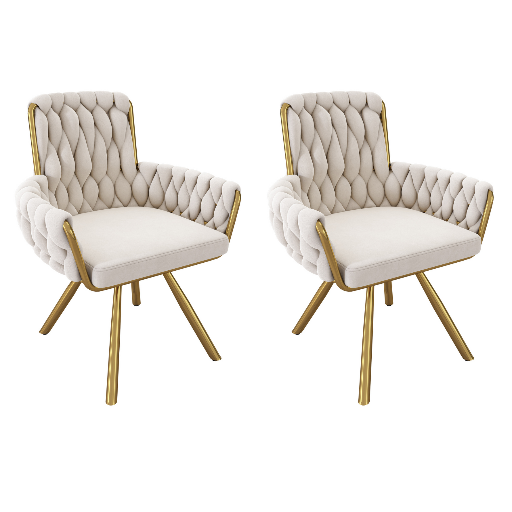 Velvet Dining Chair Set of 2, Luxury Swivel Armchair with Metal Legs, Beige