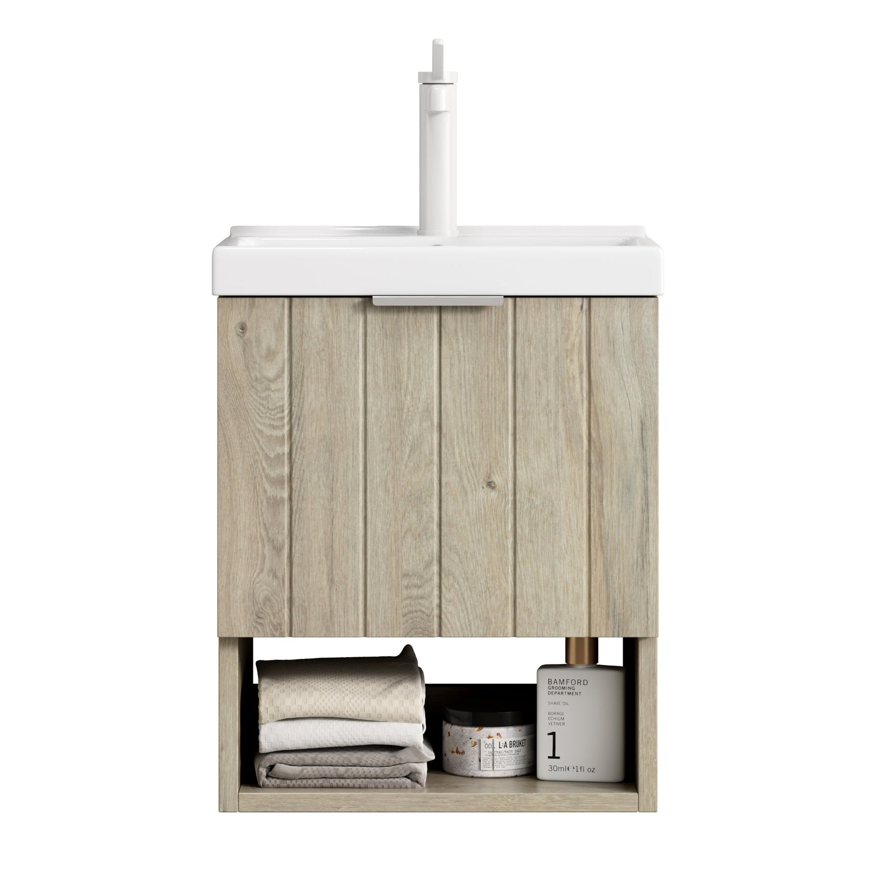 Bathroom Vanity Unit with Ceramic Sink and Open Shelf, Oak Cream Wood Grain