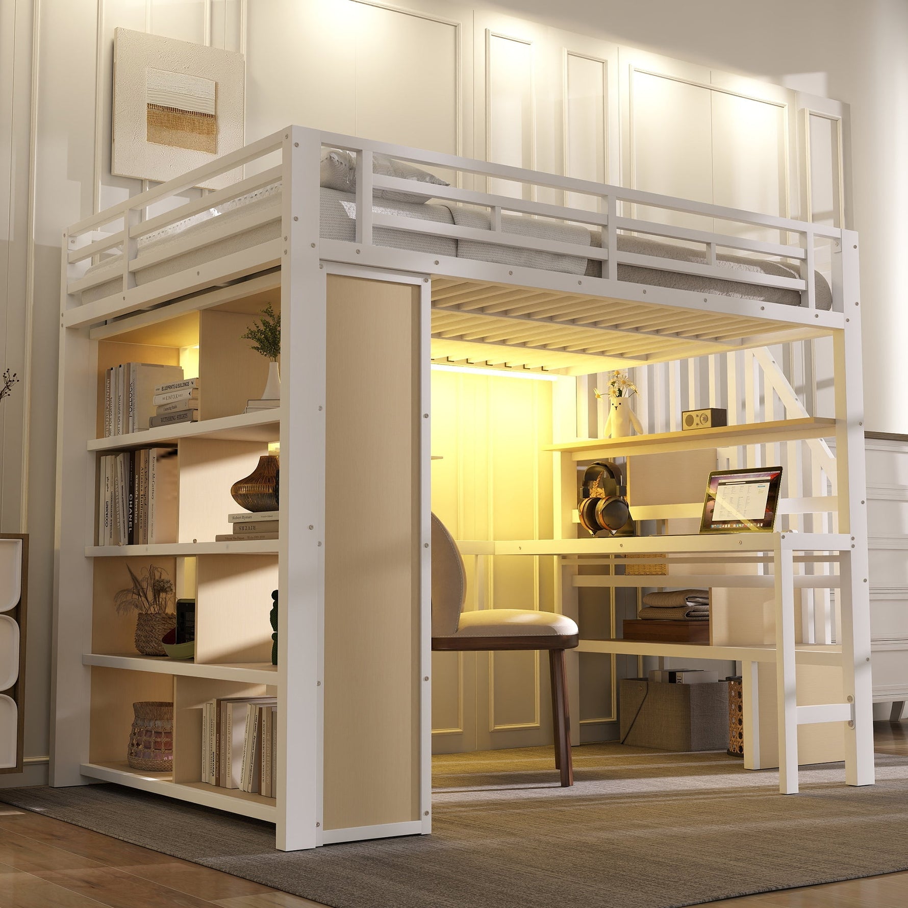 Loft Bed with Desk, Storage Staircase and LED Light Strip, 140x200cm, White Iron Frame