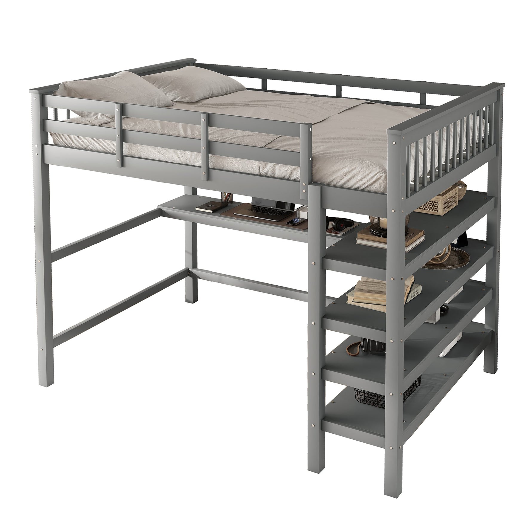 Loft Bed 140x200cm Storage Compartments Desk - Grey