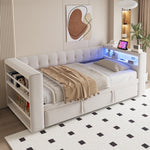 Multifunctional Upholstered Sofa Bed with LED Lighting, Power Outlets and Ample Storage, 90/180x190cm, Beige