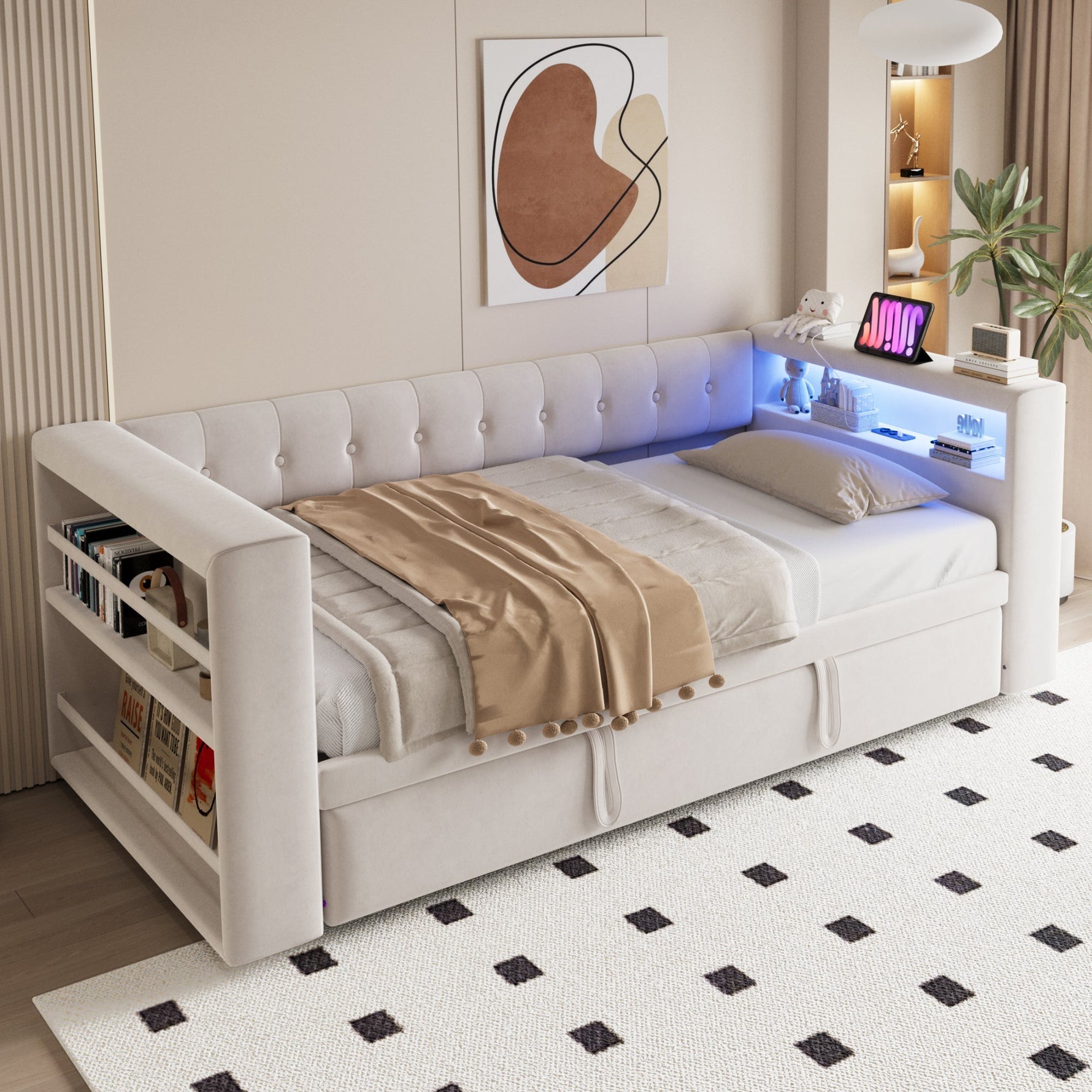 Multifunctional Upholstered Sofa Bed with LED Lighting, Power Outlets and Ample Storage, 90/180x190cm, Beige