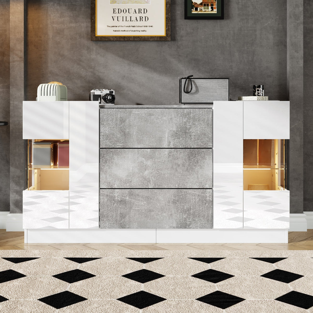 Sideboard, 2 Doors 3 Drawers LED Lighting, High-Gloss White & Grey Marble