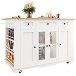 Kitchen Island Cabinet Tempered Glass Worktop Storage - White