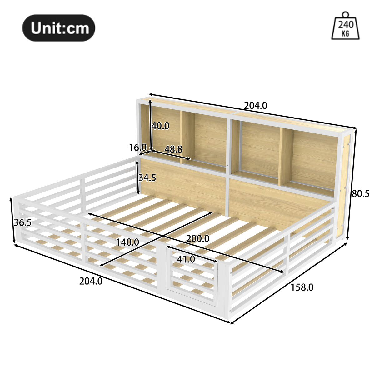 Fence Daybed Platform Bed 140x200cm with Storage, White Metal