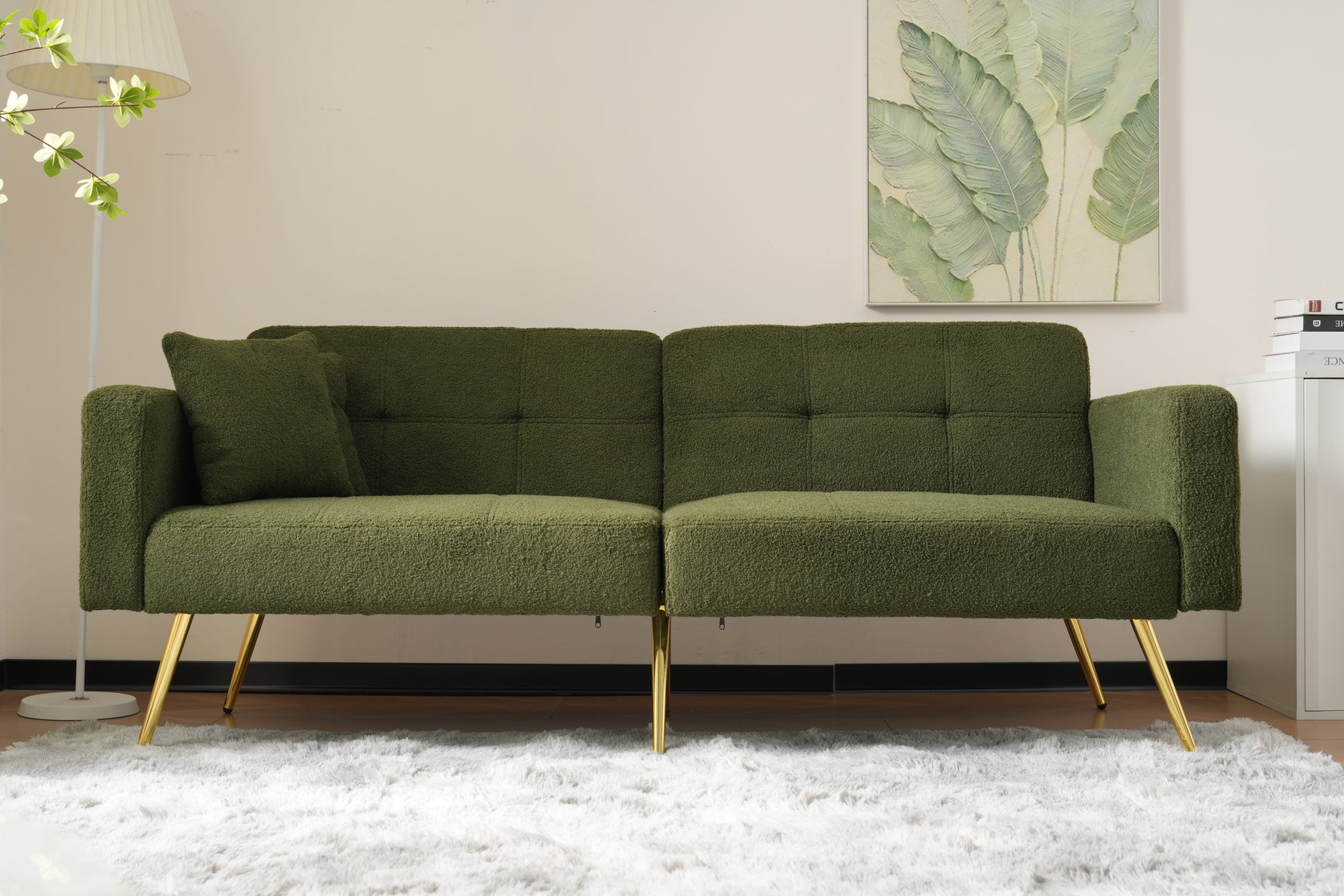 Sofa Bed Adjustable Angle, Gold Legs, Storage Pockets and Cushions