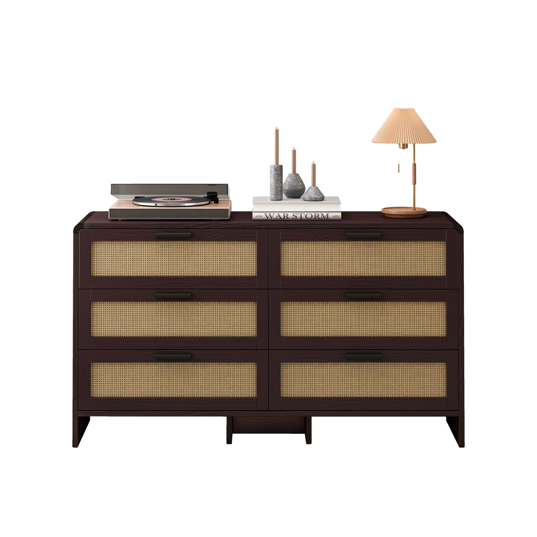 Rattan Cabinet, 130CM Arc Shaped Corner 6-Drawer Storage, Reddish-brown