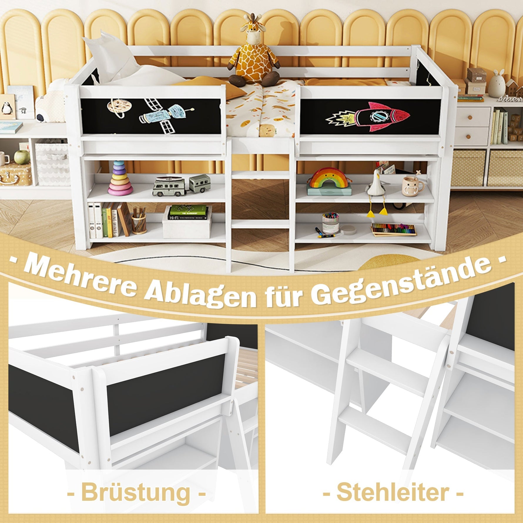 Mid-Sleeper Bed with Storage Shelves and Ladder, 90x200cm, White Pine Wood