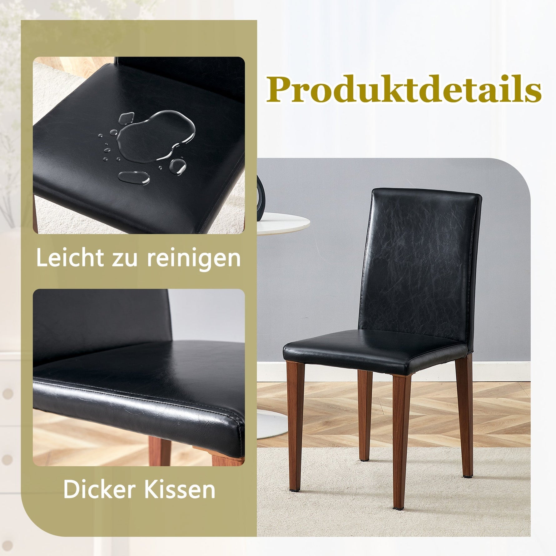 Minimalist Dining Chairs Set of 2, Ergonomic PU Leather with Metal Legs, Black and Walnut Finish