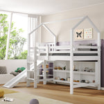 Multifunctional Children's Bed with Slide, Stairs, Locker and Shelf, 90x200cm, White Solid Wood + MDF