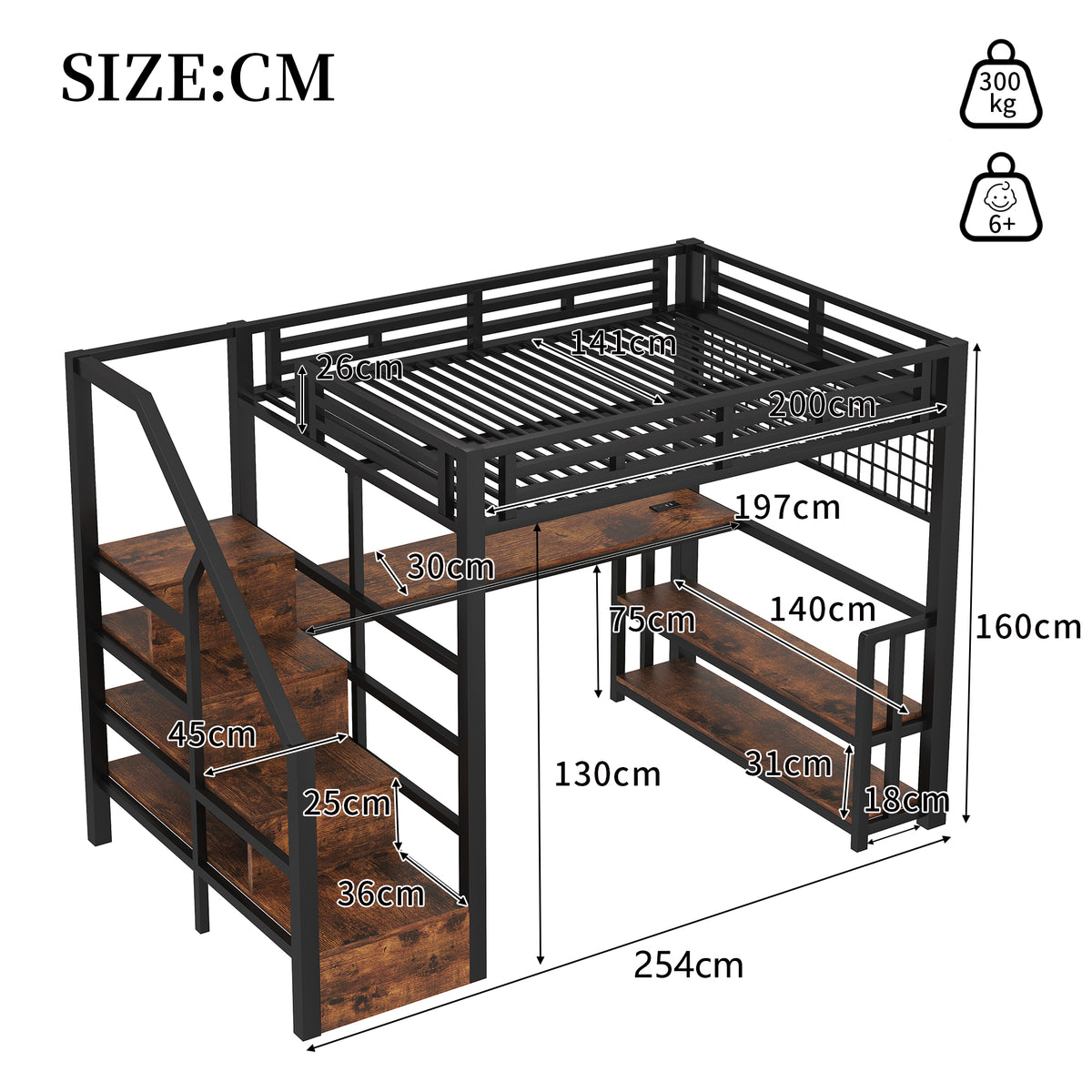 Loft Bed 140x200cm with Desk & Storage Staircase, Black Metal