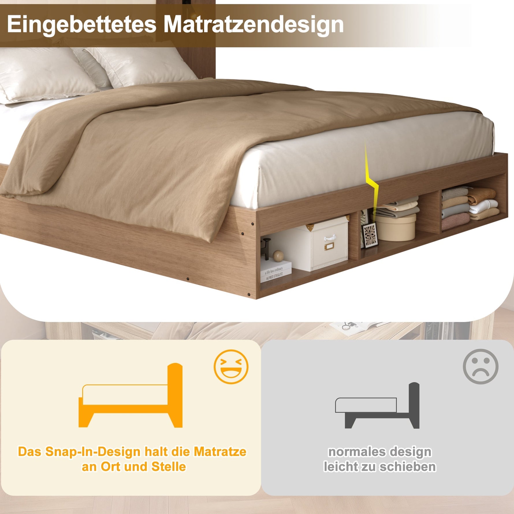 Double Bed with USB Charging Station, Reading Lamp and 2 Bedside Tables, 180x200cm, Walnut Wood Color