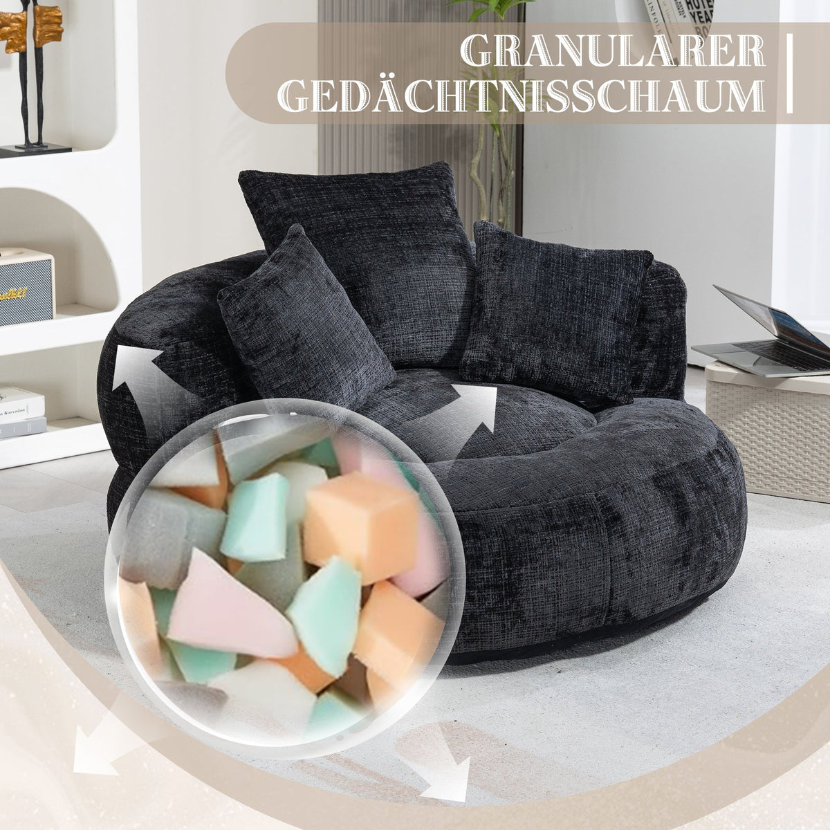 Lazy Sofa High Back Beanbag Chair with Three Cushions, Indoor/Outdoor, Black Chenille