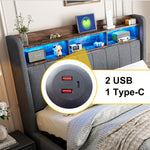 Upholstered Bed 140x200cm, LED & USB, Hydraulic Storage, Grey Linen