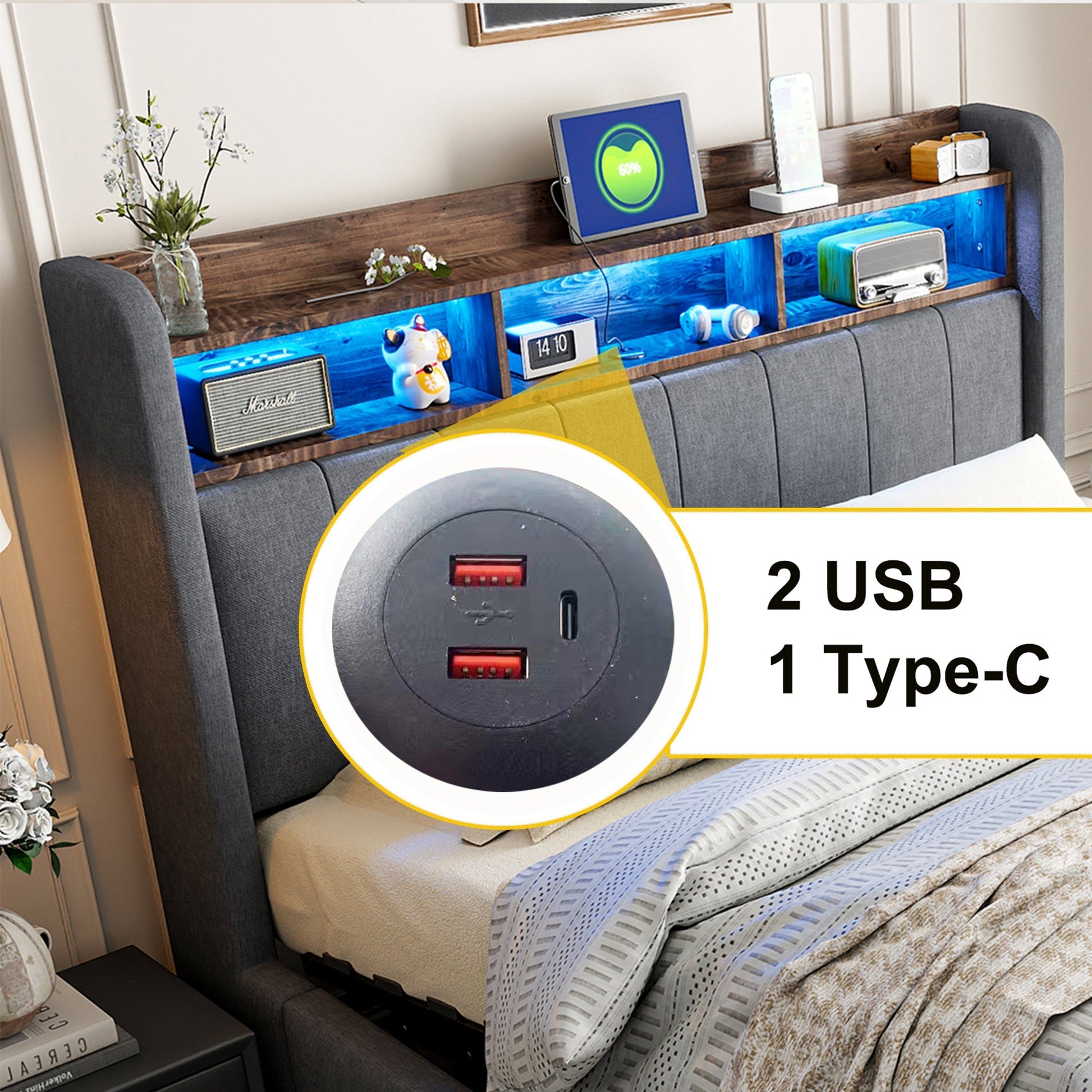 Upholstered Bed 140x200cm, LED & USB, Hydraulic Storage, Grey Linen
