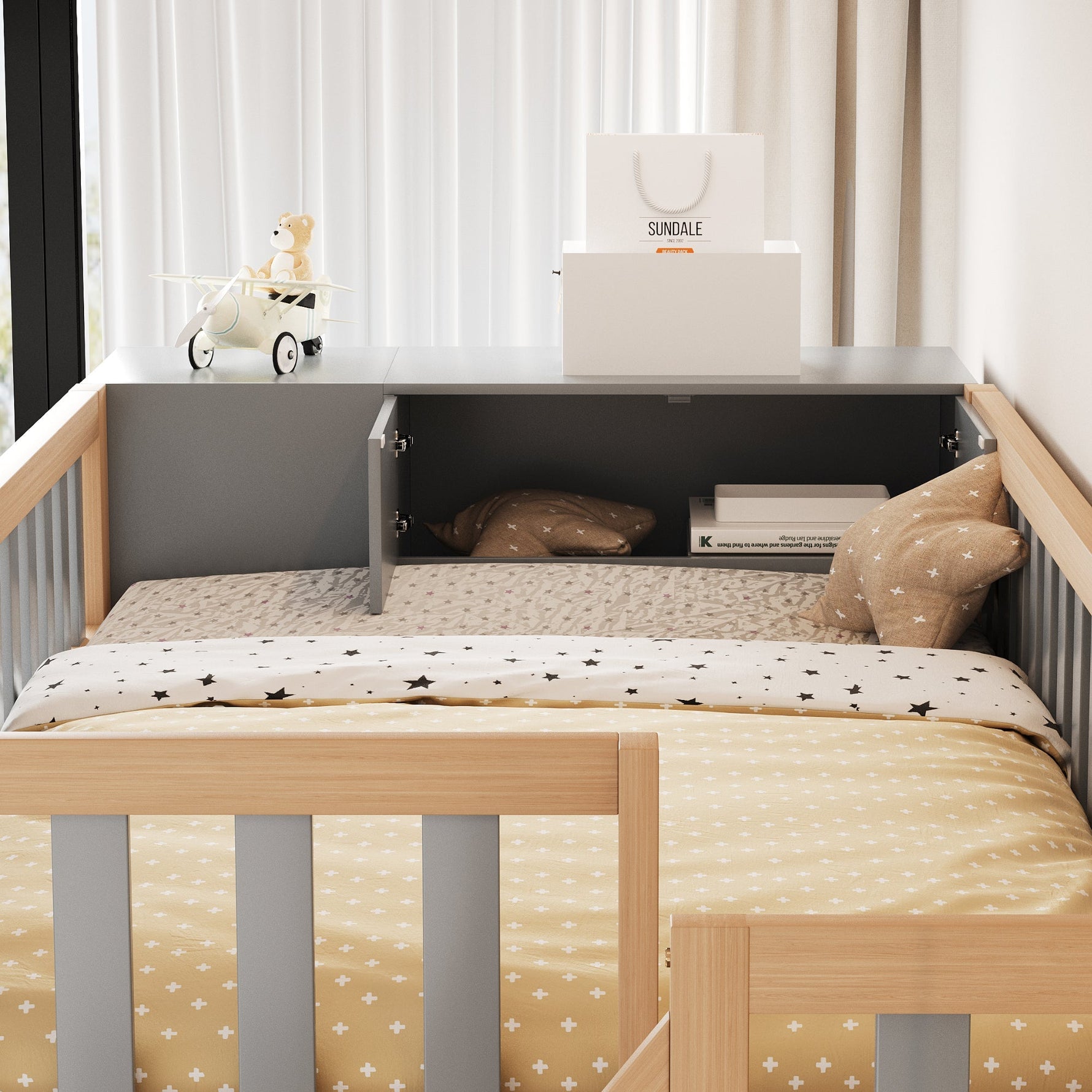 Loft Bed, Multifunctional with Shelves, Storage & Wardrobe, Grey + Raw Wood