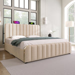 Upholstered Bed, Double Headboard with USB-C Charging, Hydraulic Storage, Beige Linen