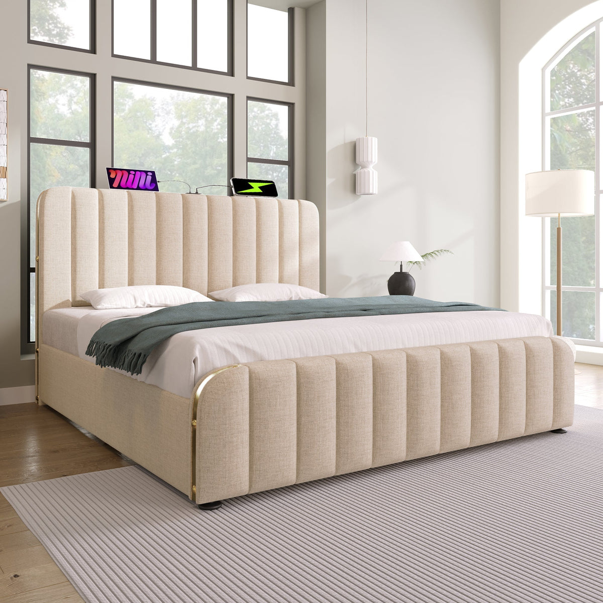 Upholstered Bed, Double Headboard with USB-C Charging, Hydraulic Storage, Beige Linen