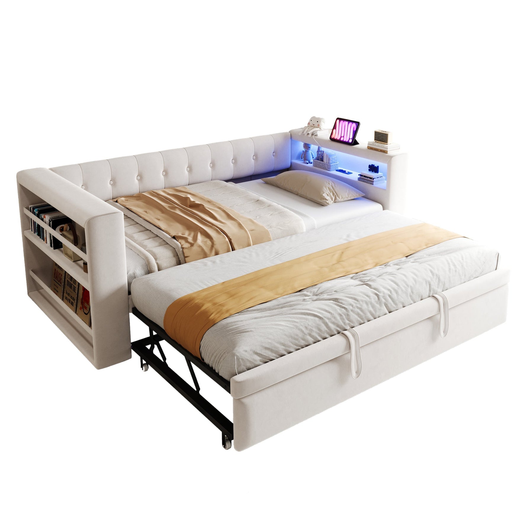Multifunctional Upholstered Sofa Bed with LED Lighting, Power Outlets and Ample Storage, 90/180x190cm, Beige