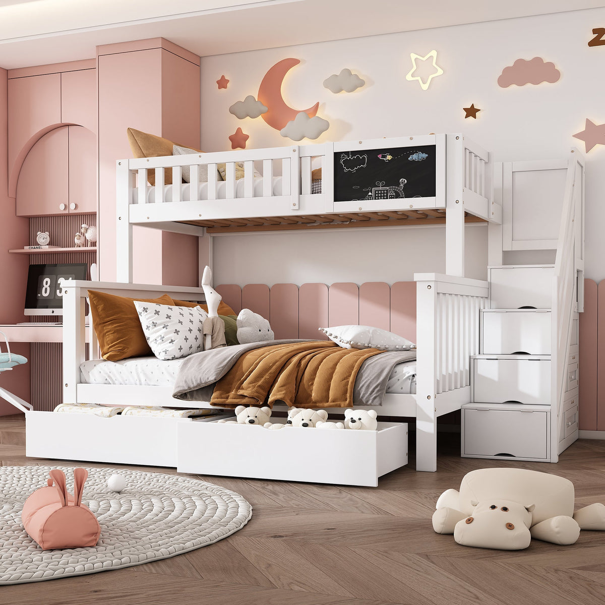 Children's Bunk Bed with Chalkboard and Drawers, 90x200 & 140x200cm, White