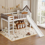 Loft Bed, Roof & Window, 3-Step Ladder, Slide, Pine+MDF, White+Walnut