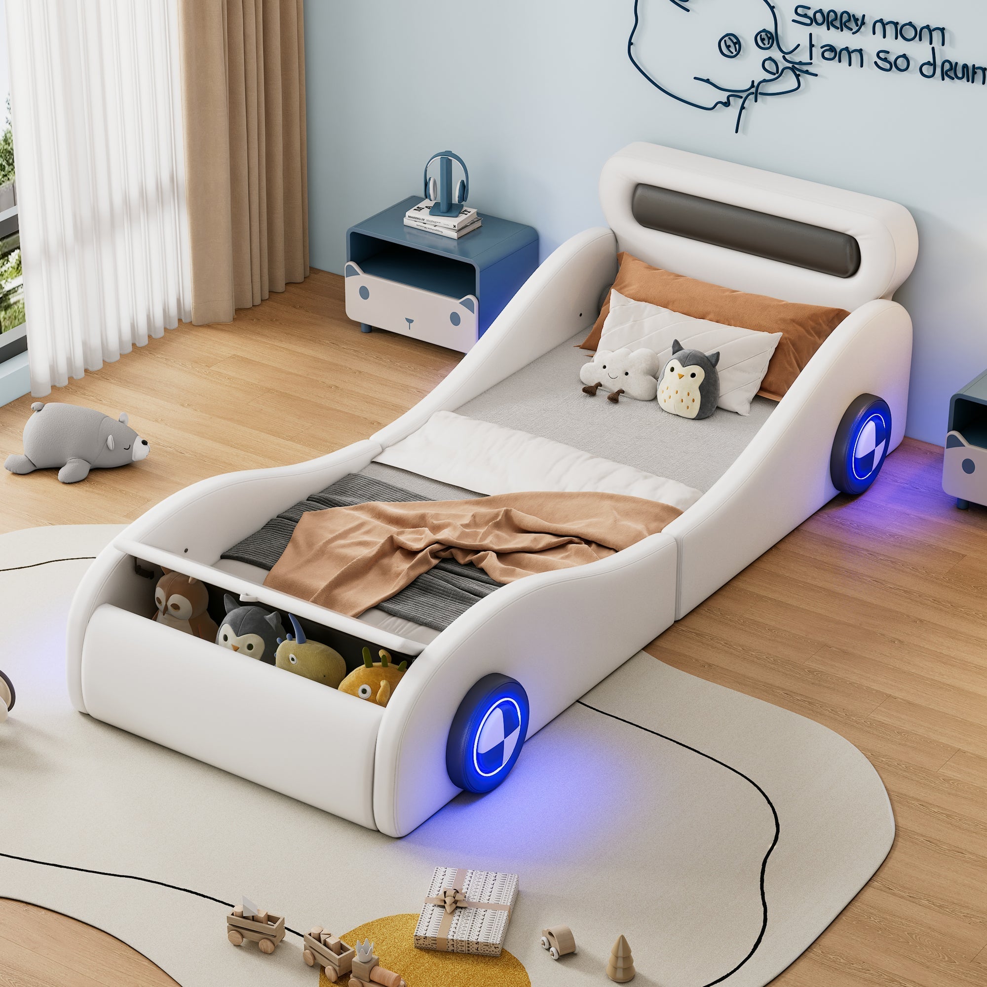 Car Shaped Upholstered Bed with Light-up Wheels and Storage, White PU