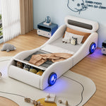 Car Shaped Upholstered Bed with Light-up Wheels and Storage, White PU