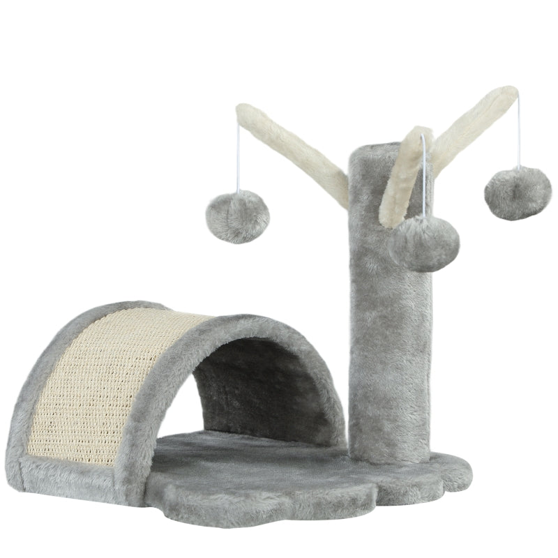 Cat Tree, Small Tower with Cave, 2 Play Balls, Scratching Mat, Light Grey