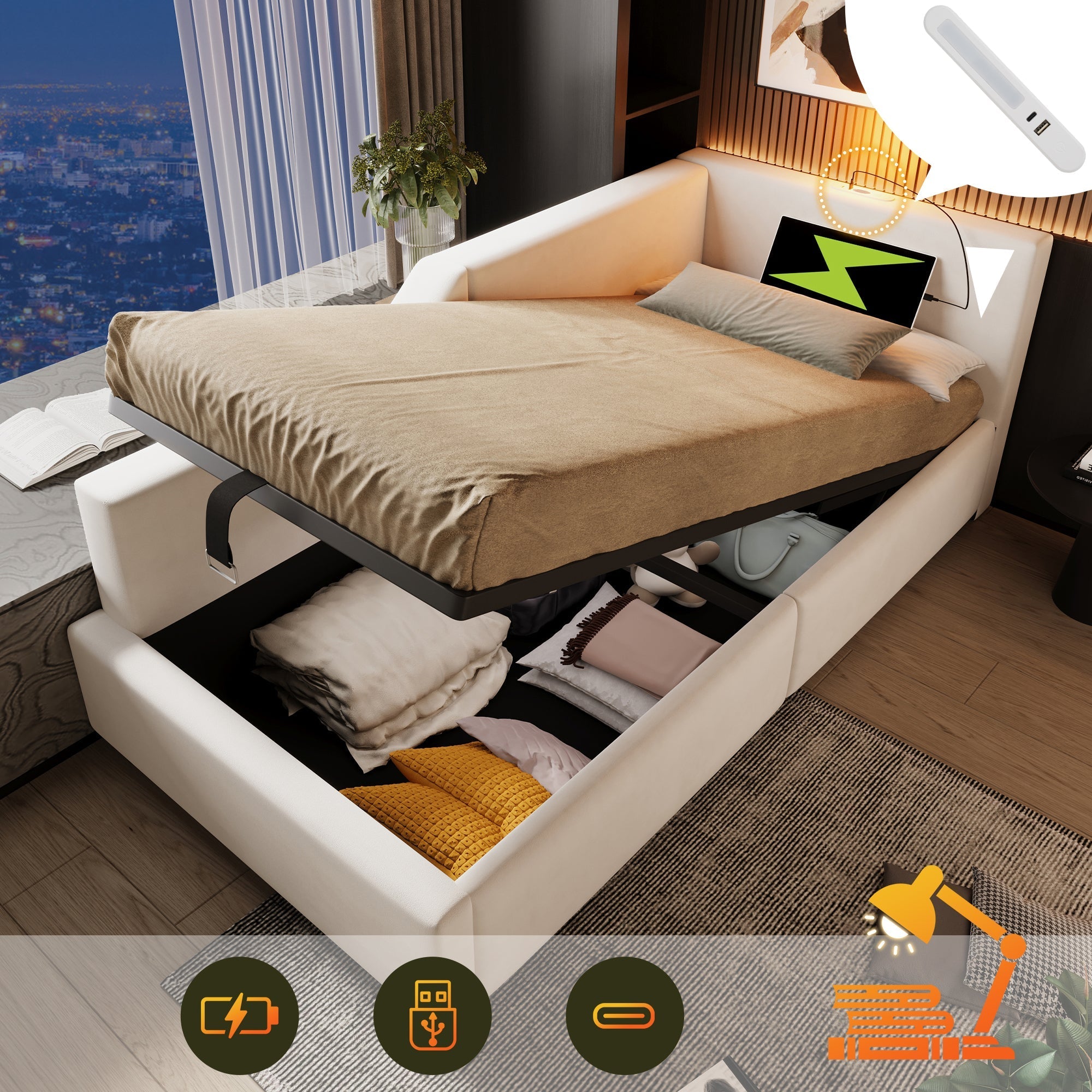 Daybed, 90x200cm Sofa with Hydraulic Storage, Reading Light & USB-C, Velvet Beige