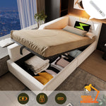 Upholstered Daybed, 90x190cm Sofa Bed with Hydraulic Storage & USB-C, Velvet Beige