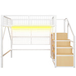 Loft Bed, 140x200 with LED Light Strips & Storage Stairs, Metal White