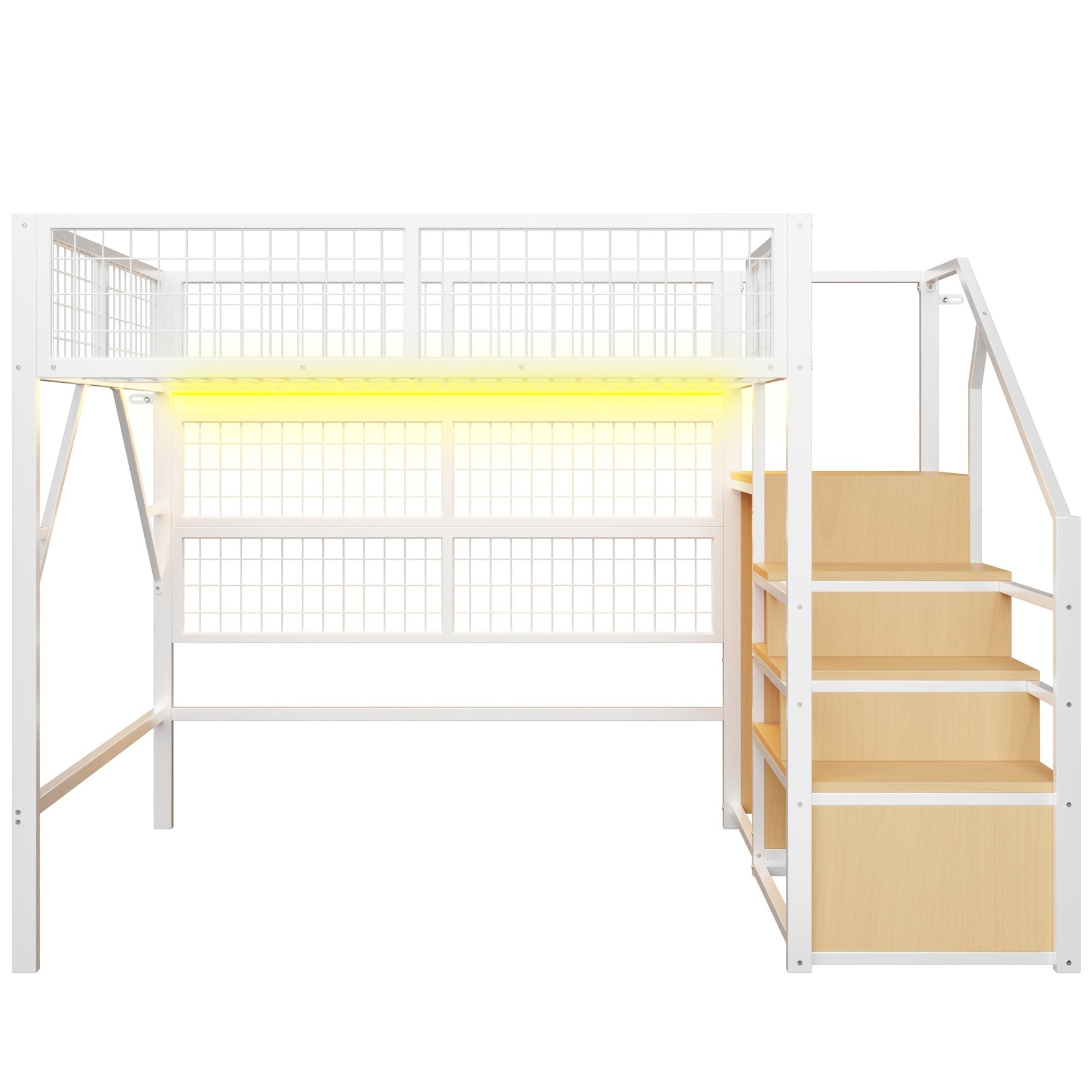 Loft Bed, 140x200 with LED Light Strips & Storage Stairs, Metal White