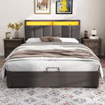 Upholstered Storage Bed 140x200cm LED Light & Drawers, Grey Linen