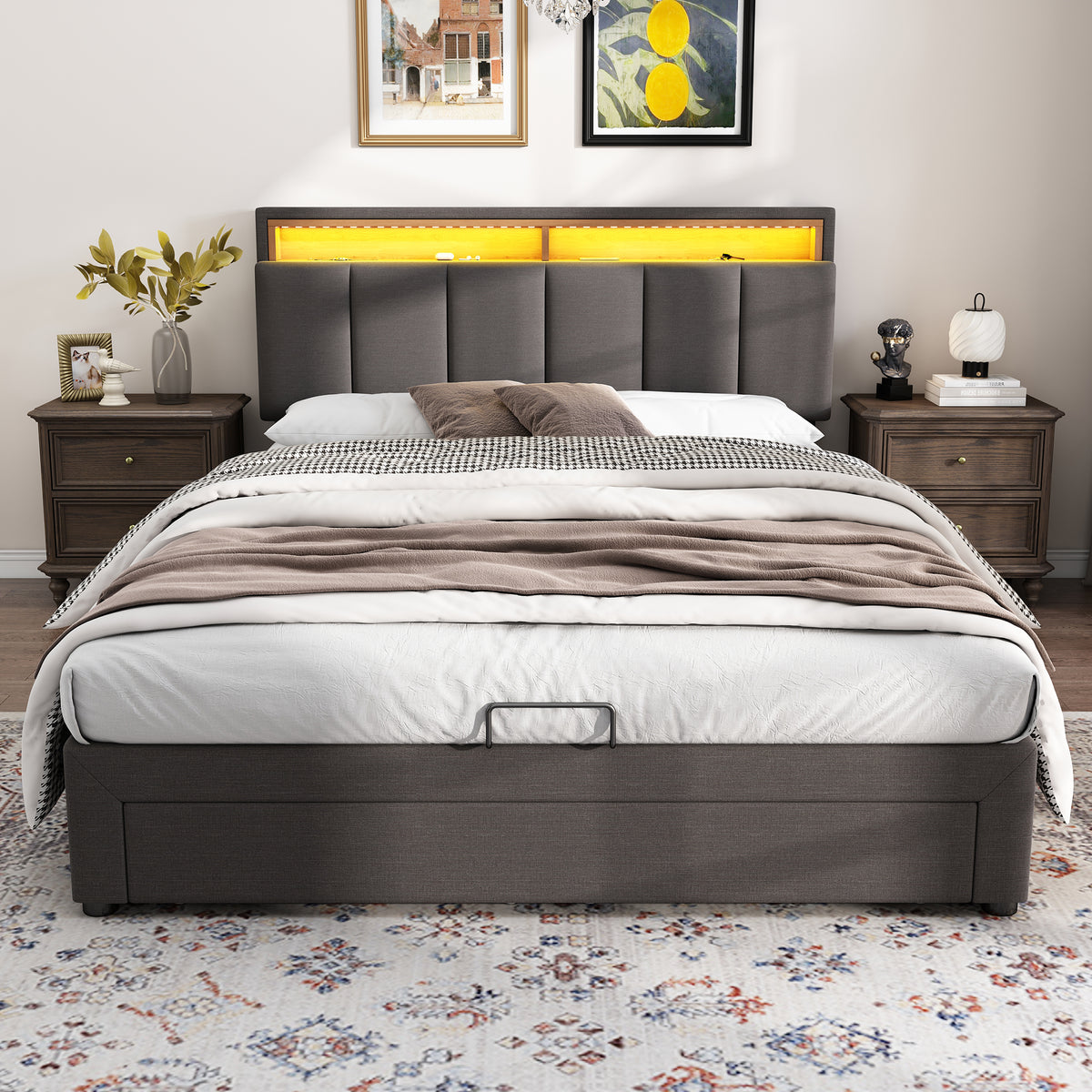 Upholstered Storage Bed 140x200cm LED Light & Drawers, Grey Linen