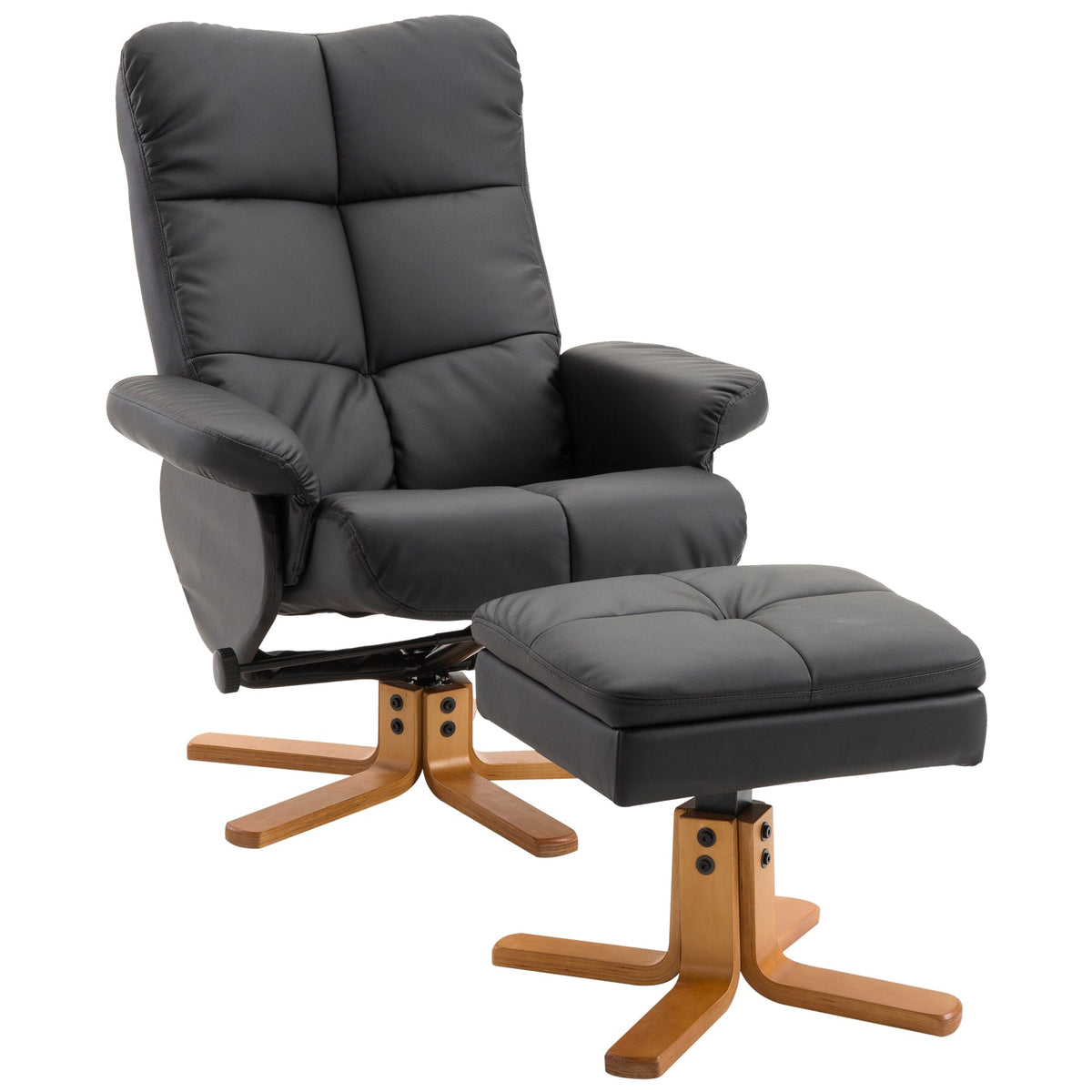 Reclining Armchair with Footstool, 360° Swivel TV Armchair, PU Leather Black