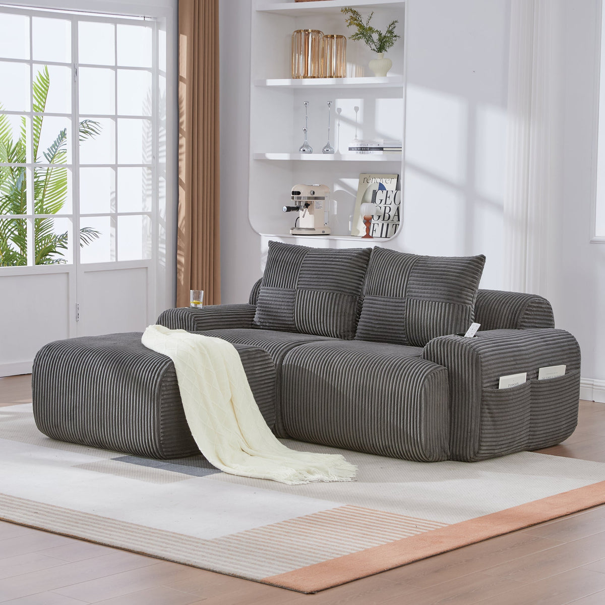 Modular 2-Seater Sofa with Ottomans, Cup Holder and Side Pocket, Dark Grey Corduroy