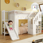 Bunk Bed with Slide, Storage Stairs and LED Light Strip, White Solid Wood