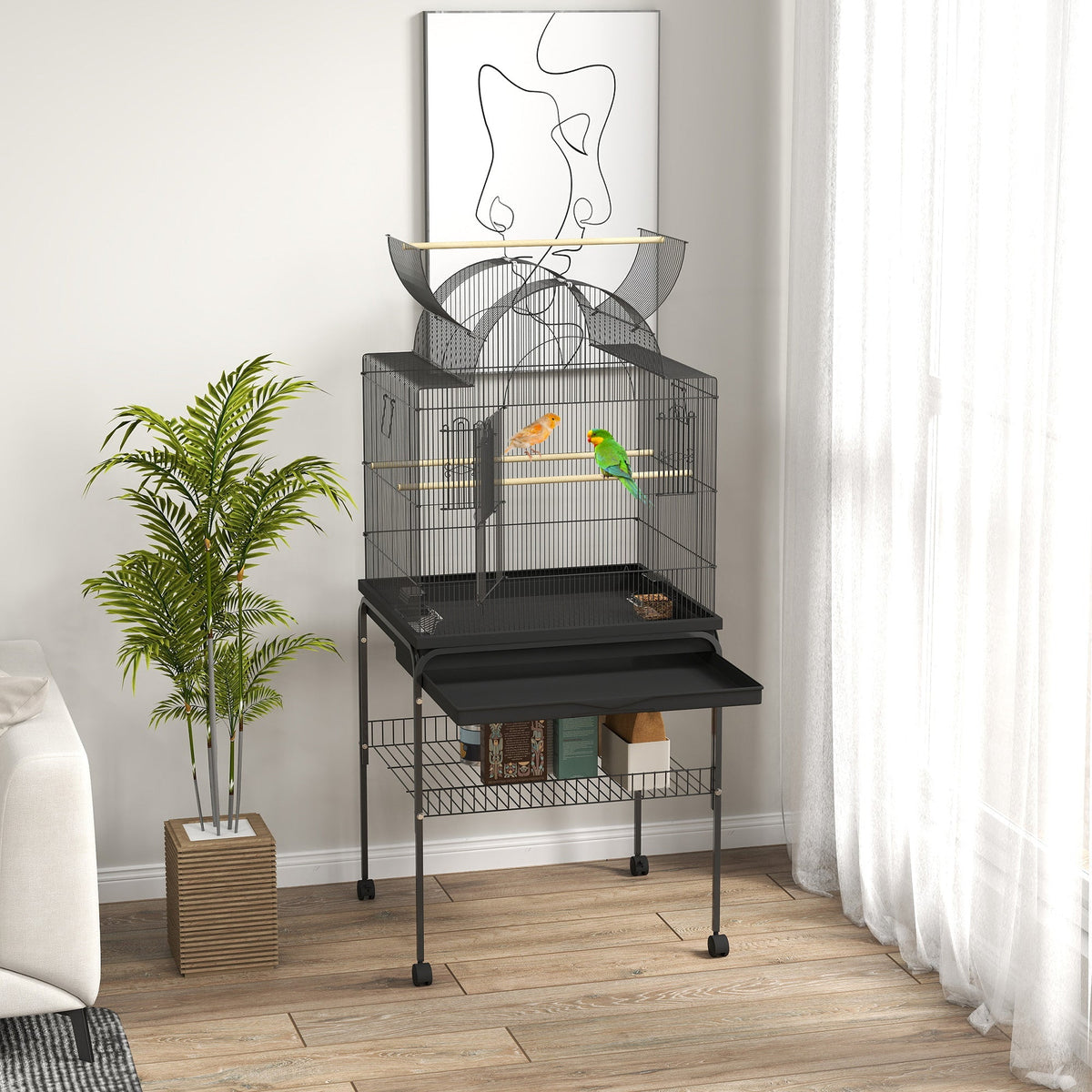 Large Bird Cage Tray Shelf Feeding Station Wheels Steel Black