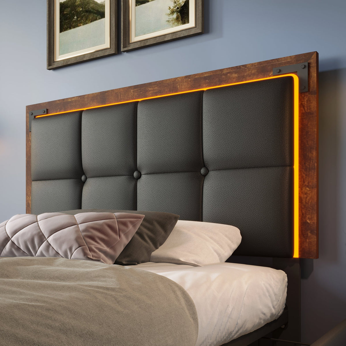 Bed Frame, LED, 4 Drawers, Adjustable Headboard, Single 90x200cm, PU Black
