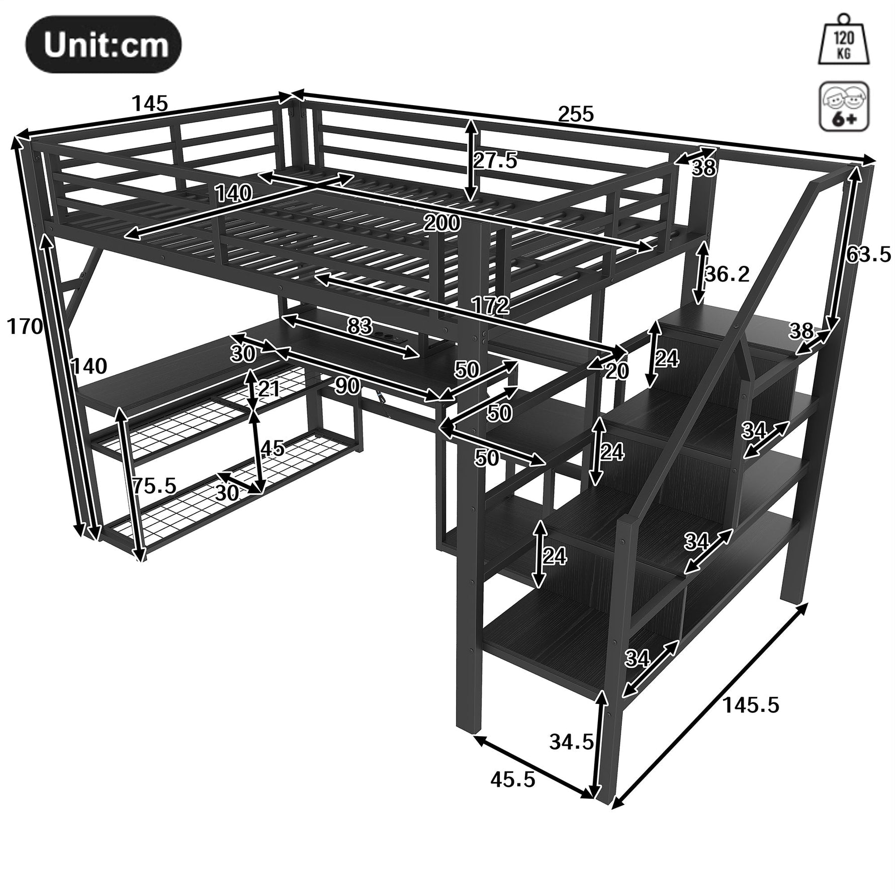 Loft Bed with Desk, LED Light Strip and Storage Staircase, 140 x 200 cm, Black Iron Frame