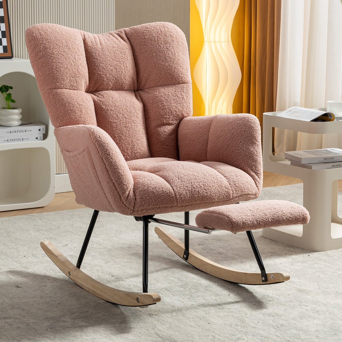009B Rocking Chair Modern Padded Extendable Footrest Teddy Fabric Pink