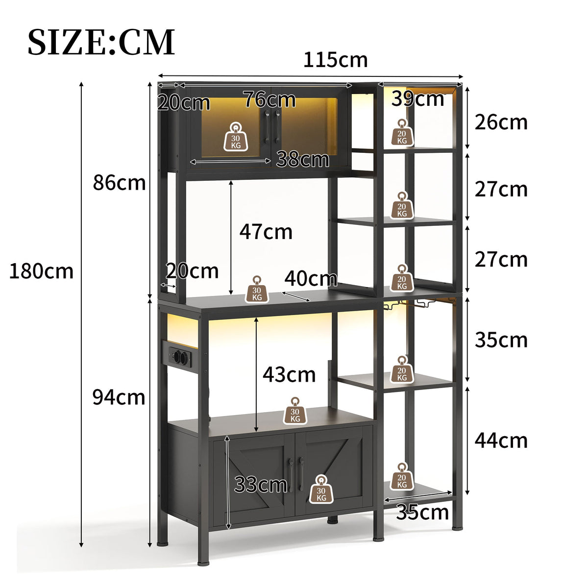 Kitchen Baker's Rack with Power Outlet and LED Lights, Microwave Shelf and Wine Glass Holder, Particle Board and Stainless Steel