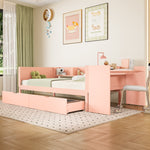 Wooden Single Bed 90x200 with Desk, Drawers & Shelves, Pink