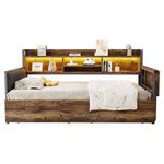 Iron Sofa Bed 90x200cm LED Storage Drawers Fold-Out Desk, Wood Color