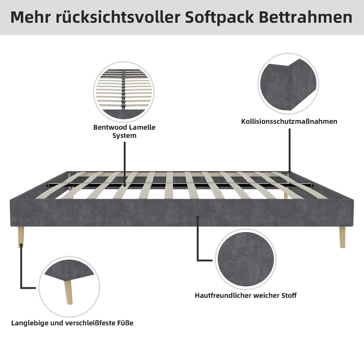 Modern Minimalist Bed Frame, 140x200 cm Low-Profile Base, Grey Dutch Velvet Fabric